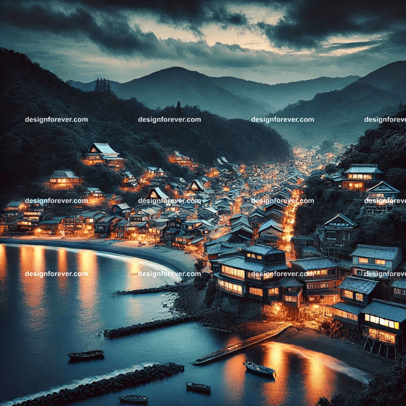 japanese seaside village at night city life extreme contrast
