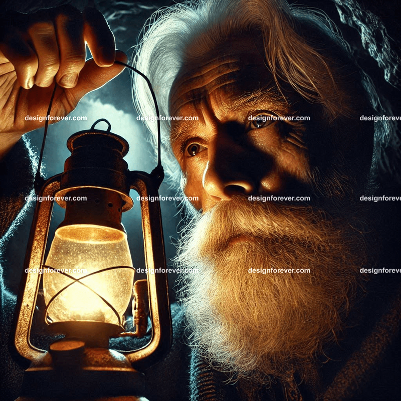 old man with lantern inside a dark cave mysterious scary lighting closeup face