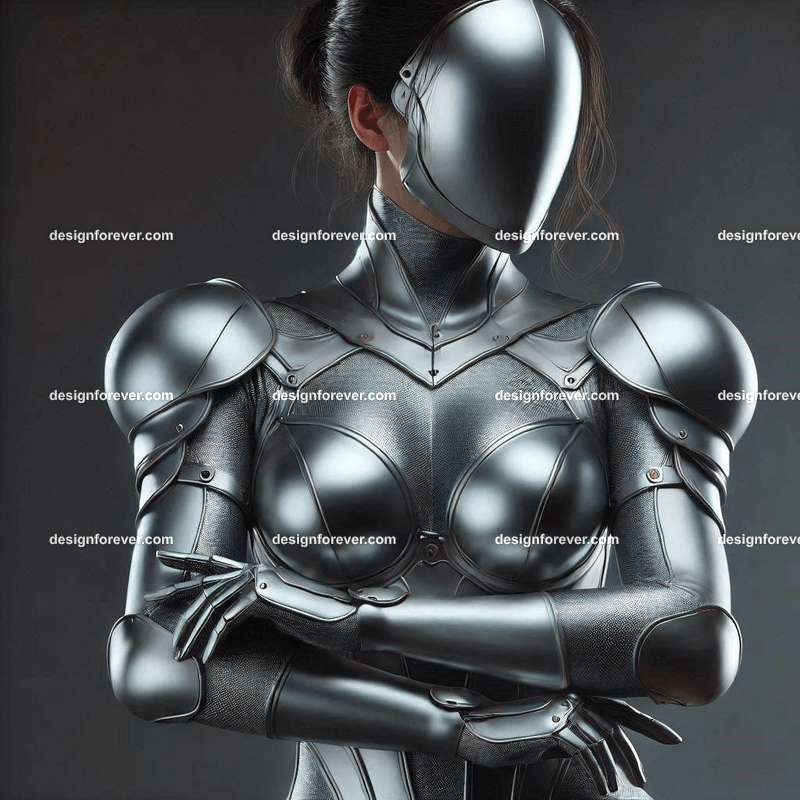 woman in matt silver lycra armored suit