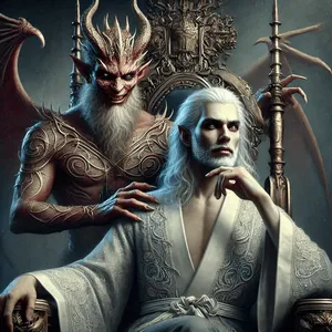 the evil king and his demon advisor in throne room