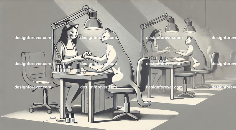 Anthropomorphs cats doing nails in nail salon for people