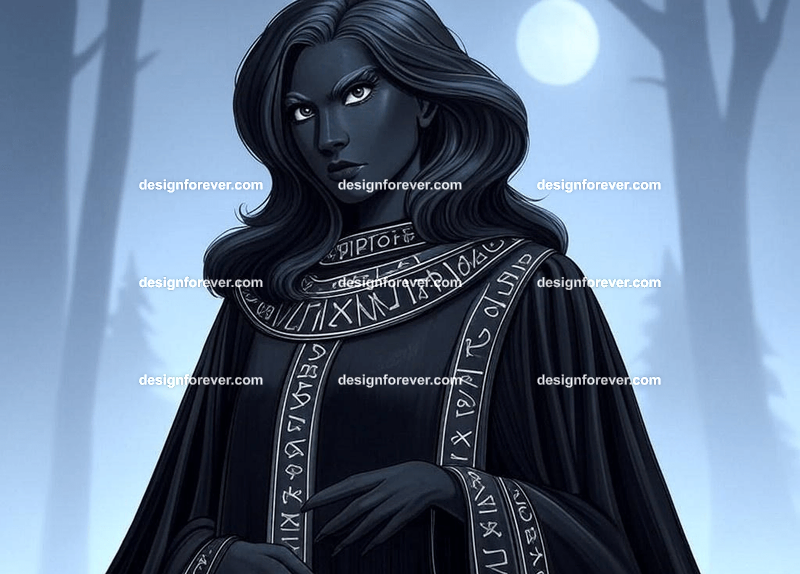 beautiful woman but with raven skin instead of human skin wearing black robe of magician with runes