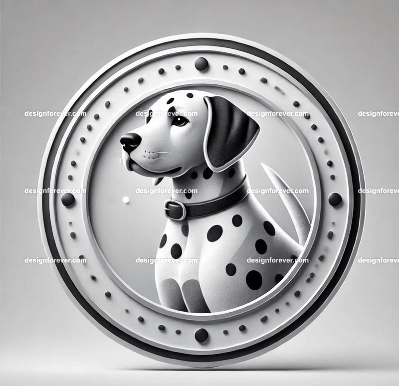 dalmation within a circular seal in pure white background