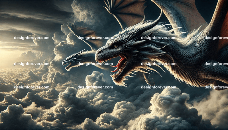 The flight of the dragons above majestic clouds and dark sky