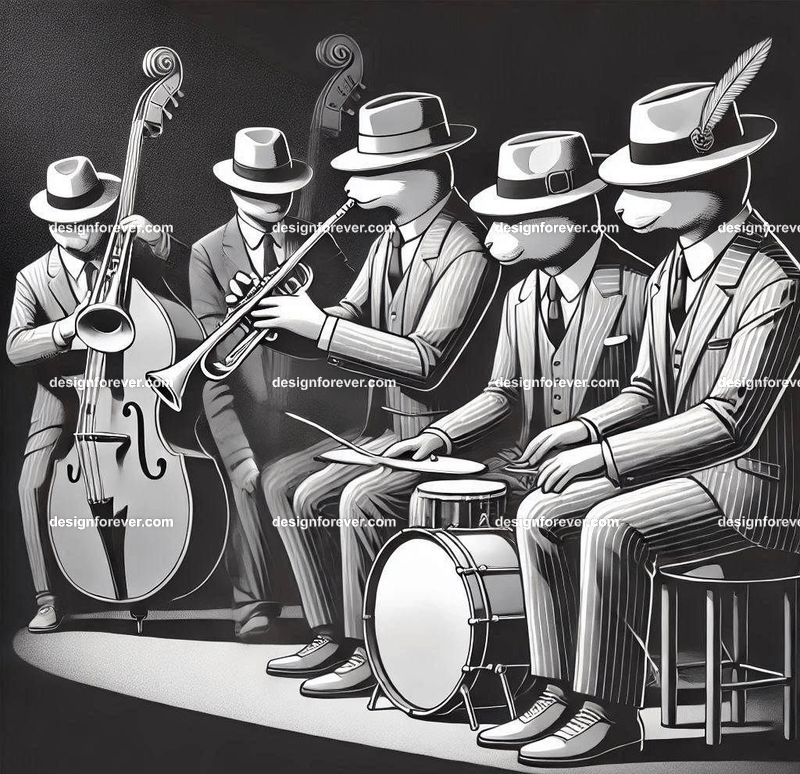 Anthropomorphs as 1920s jazz musicians with suits, fedoras, and instruments