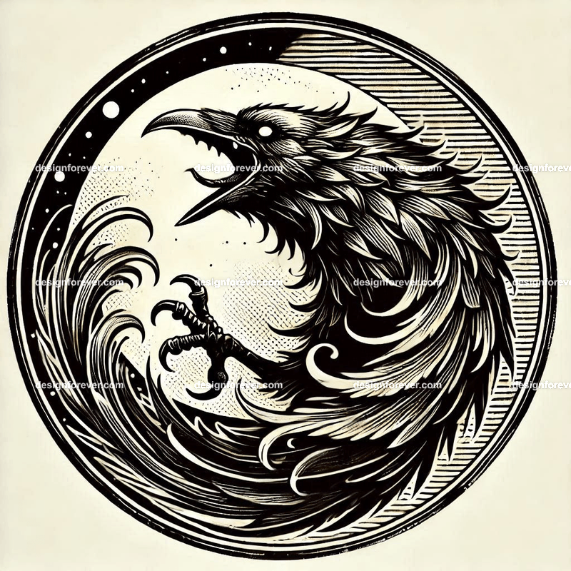 the fury of the crow within a circular seal in pure white background