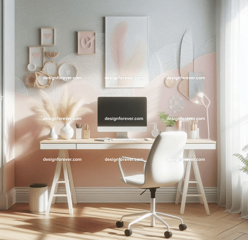 A bright, airy workspace with a white desk, an ergonomic chair, and a background featuring soft pastel tones and simple decor