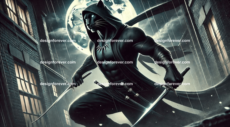 Sleek panther dressed in a dark hooded cloak, dual