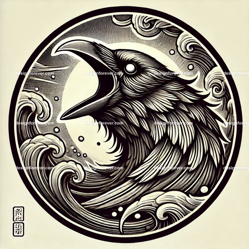 the fury of the crow within a circular seal in pure white background