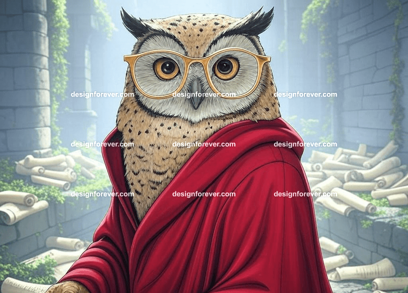 Wise owl wearing glasses and a long robe