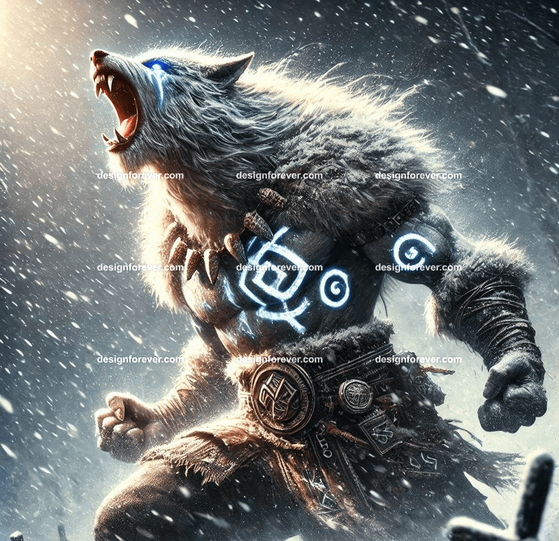 Fenrir as a Viking warrior, with battle scars and runes glowing on their fur, howling in a snowy battlefield