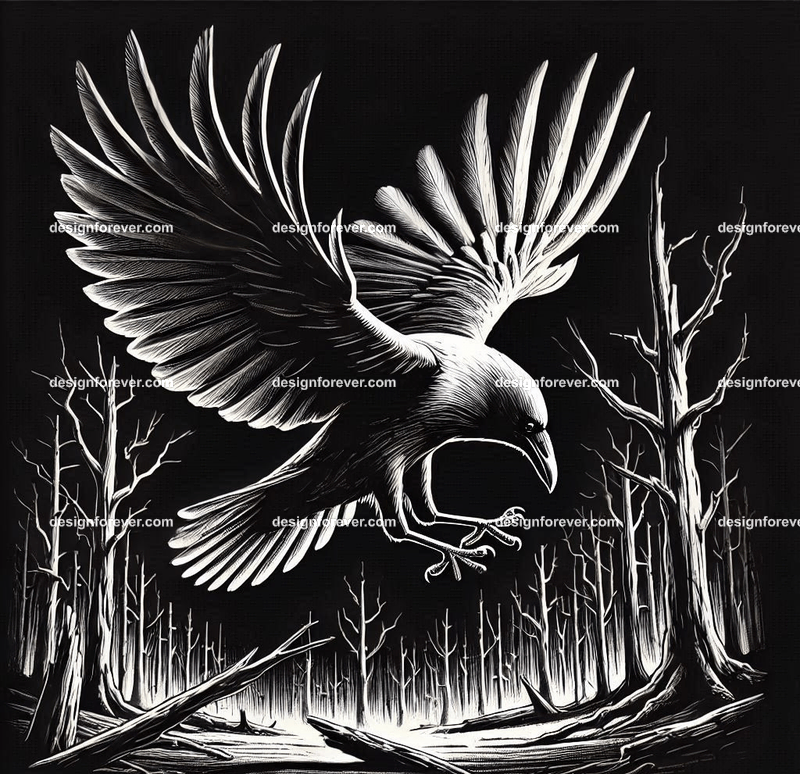 crow flying down towards its prey on ground in dark forest with dead trees