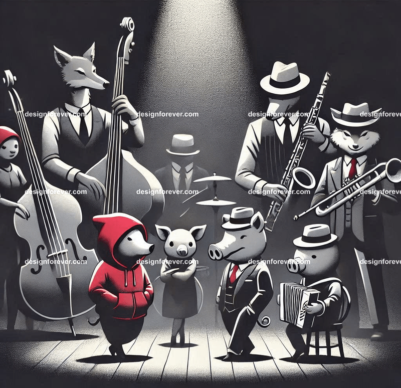 Anthropomorphs red riding hood and pigs and wolves as 1920s jazz musicians with suits, fedoras, and instruments in dark smoky room