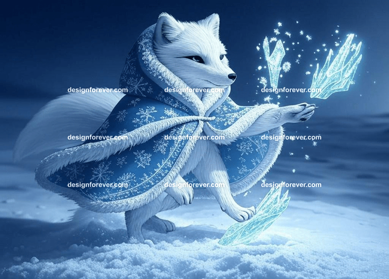 White arctic fox casting ice spells