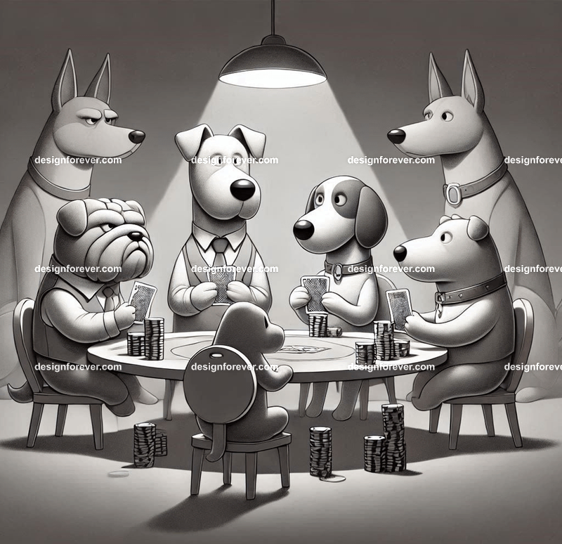 A whimsical scene of dogs playing poker