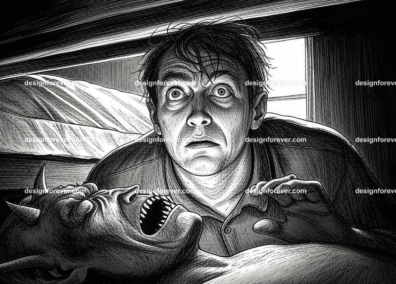 expression of pure fright as man confronts demon under his bed