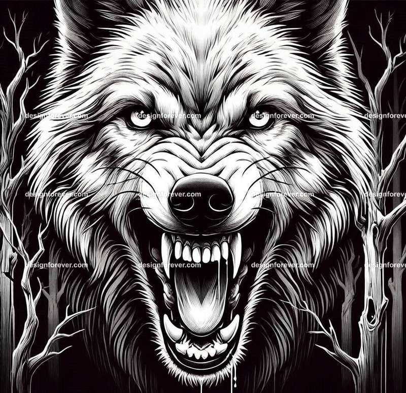 a wolf baring its teeth at you in creepy forest with dead trees