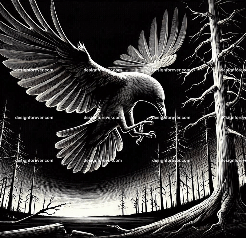 crow flying down towards its prey on ground in dark forest with dead trees