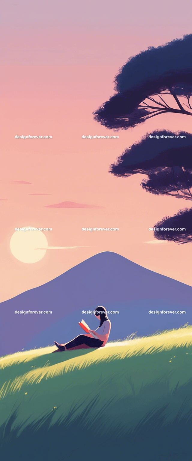 young woman with book lying on grass on hillside