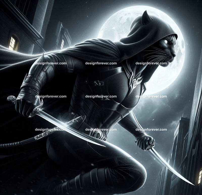 Sleek panther dressed in a dark hooded cloak, dual