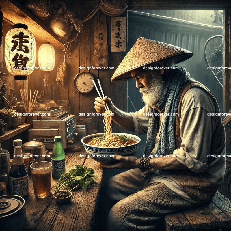 old fisherman eating ramen at shop near ocean village extreme contrast