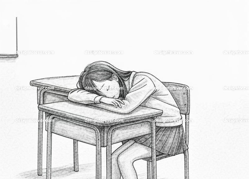 girl falling asleep in her class with head on table