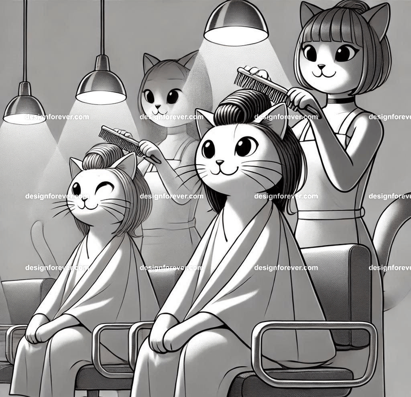 Anthropomorphs cats as hair dressers