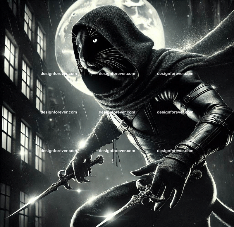 Sleek panther dressed in a dark hooded cloak, dual