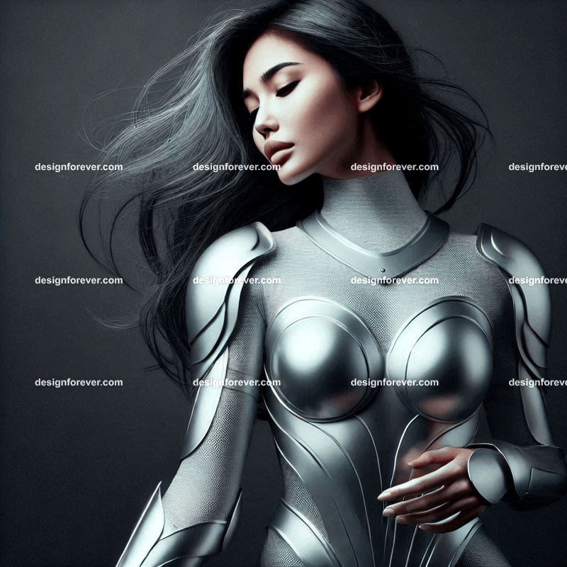 woman in matt silver lycra armored suit