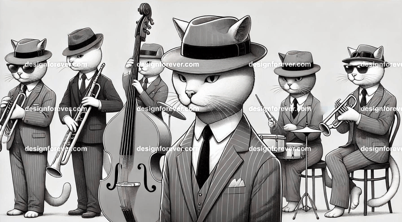 Anthropomorphs as 1920s jazz musicians with suits, fedoras, and instruments