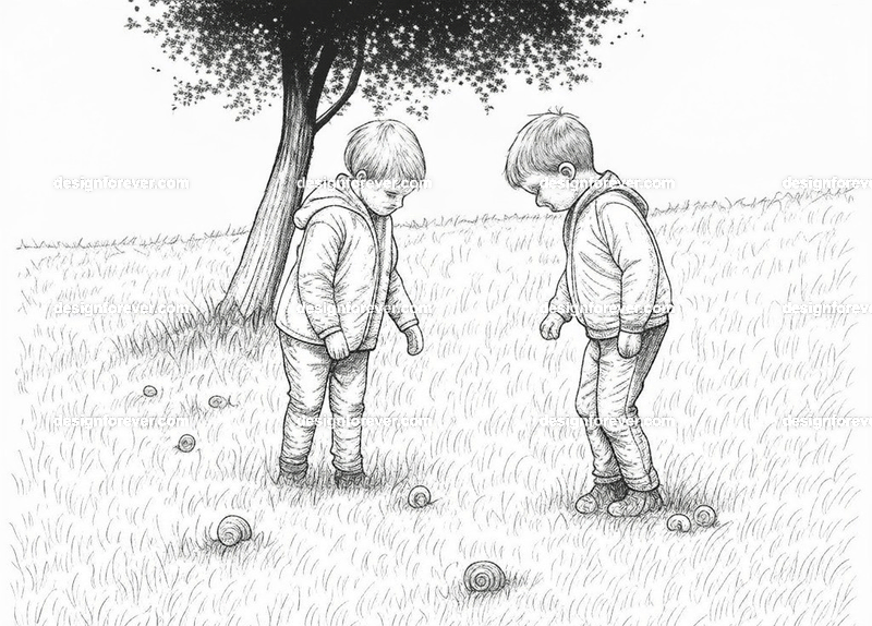 kids looking for snail shells after the rain in country side