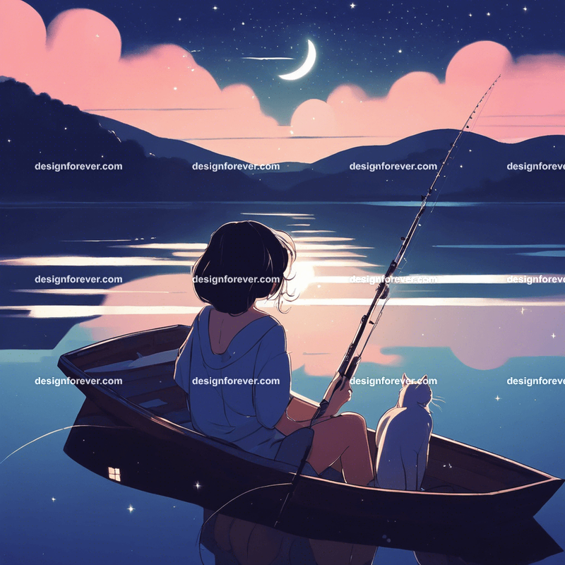 young woman on kayak on calm lake deep dark blue evening sky with stars