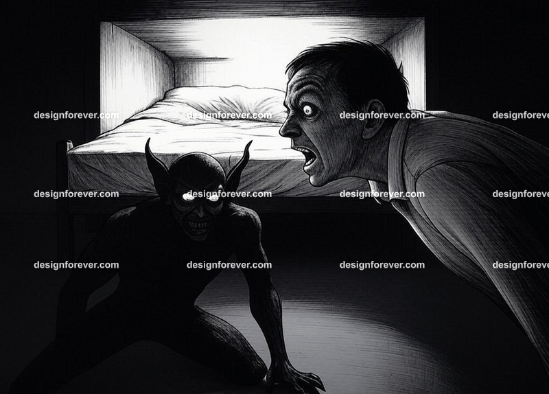 expression of pure fright as man confronts demon under his bed