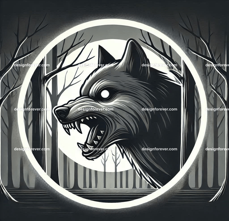 A wolf baring its teeth in a creepy forest with dead trees, barely visible except for its bright eye masked within perfect circle