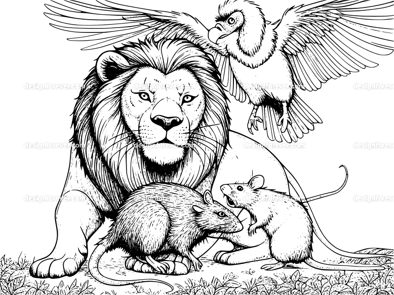 lion defending rat against vulture