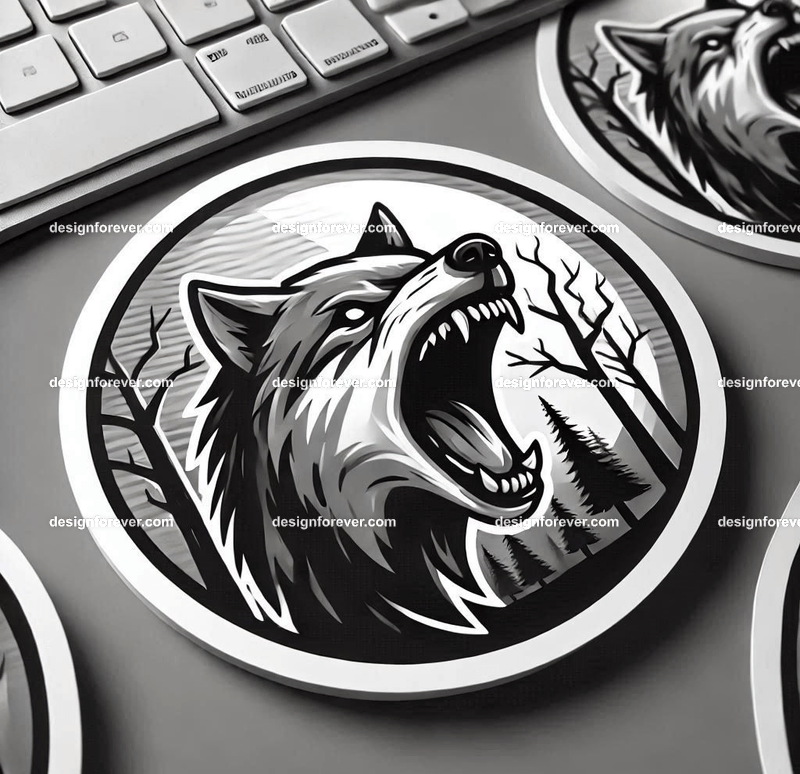 A round sticker depicting A wolf baring its teeth in a creepy forest with dead trees