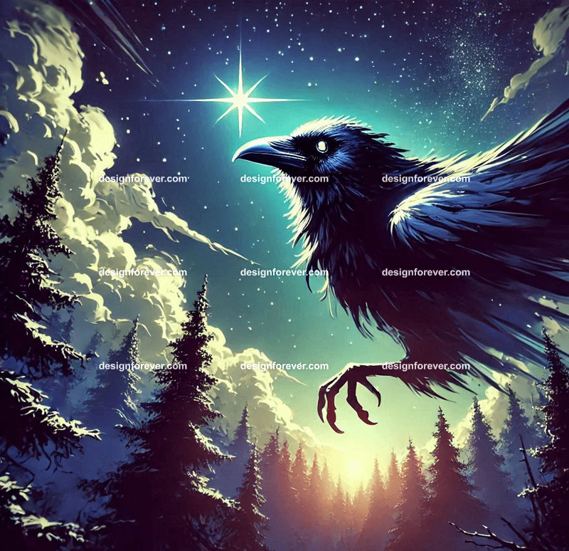 A raven with a star glowing in its beak, flying through a twilight sky over a mystical forest