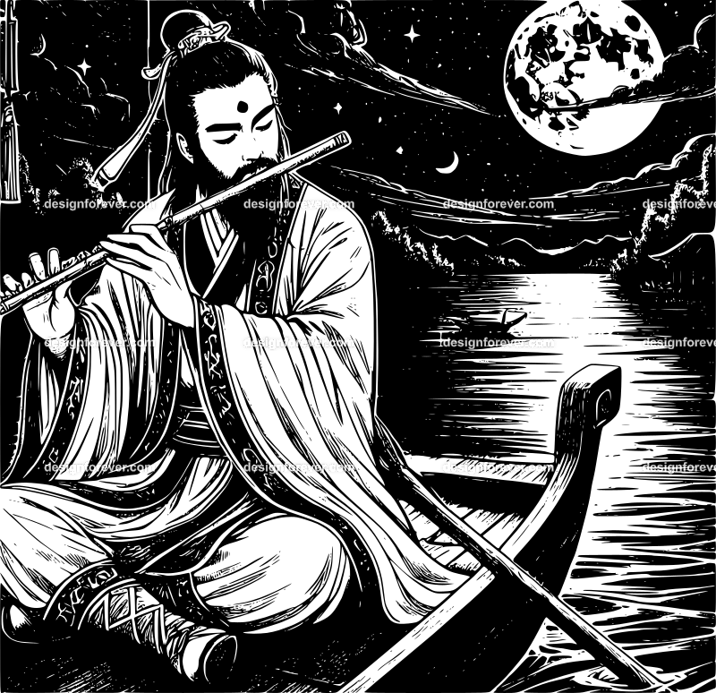 night scene wuxia playing flute on boat