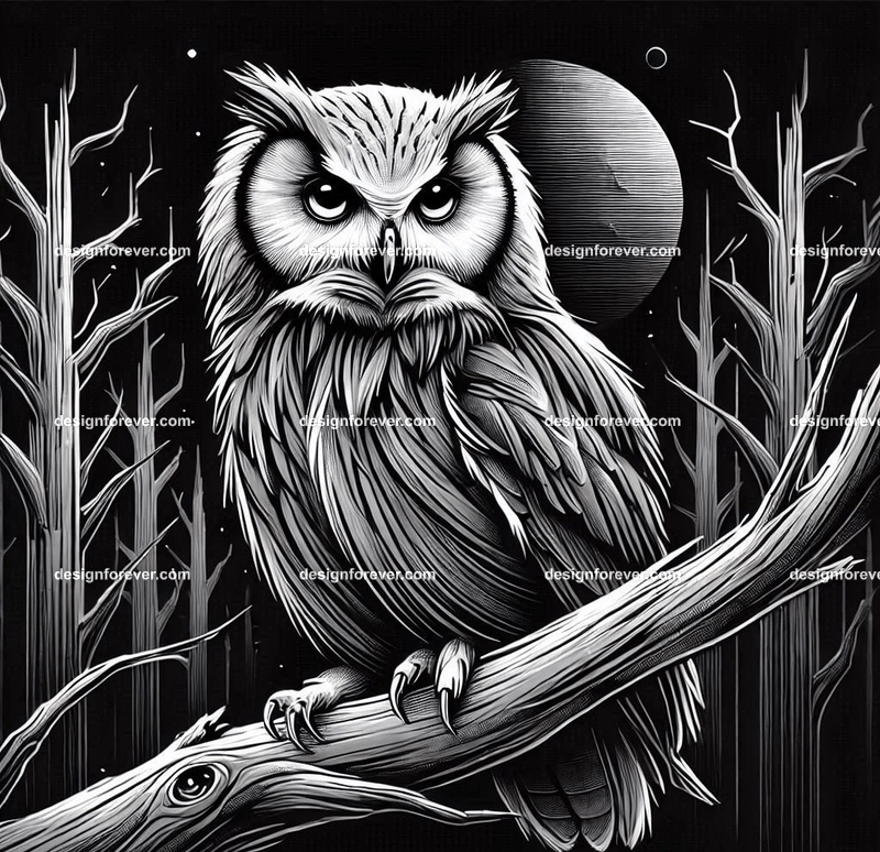 owl on a dead branch in creepy dark woods with dead trees