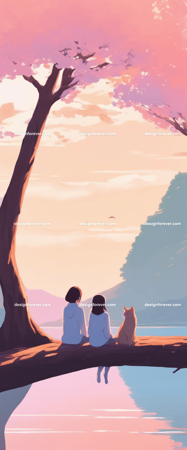 teen girl with a girl friend on tree branch of big old tree looking down at river