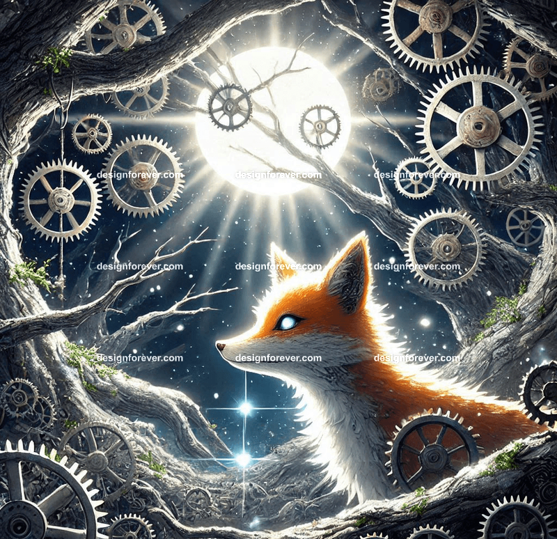 A fox navigating a forest where the trees have clockwork mechanisms, with gears glowing faintly in the moonlight
