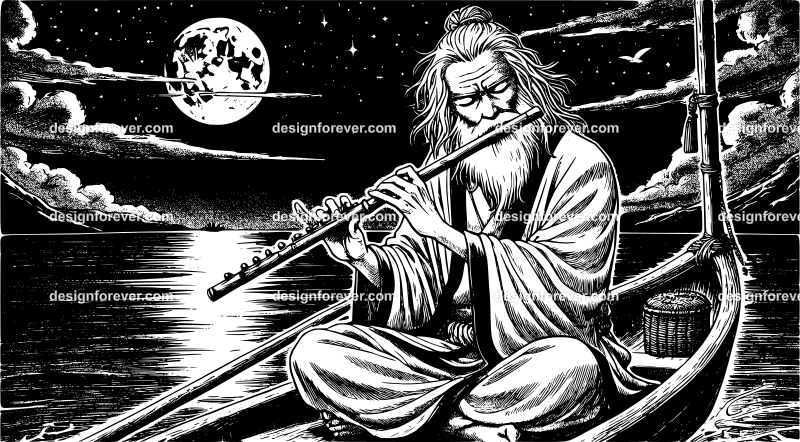 night scene wuxia playing flute on boat