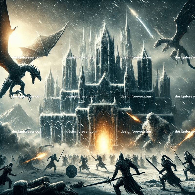 Storm dragons assaulting palace defended by mages in winter