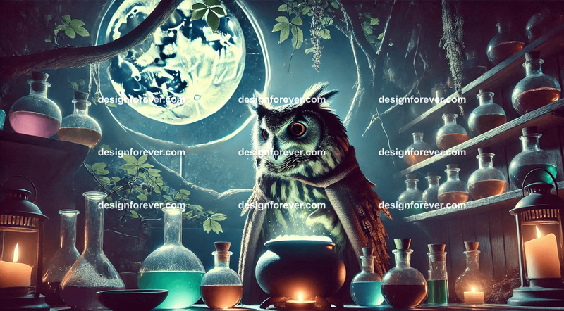 A raven with a star glowing in its beak, flying through a twilight sky over a mystical forest