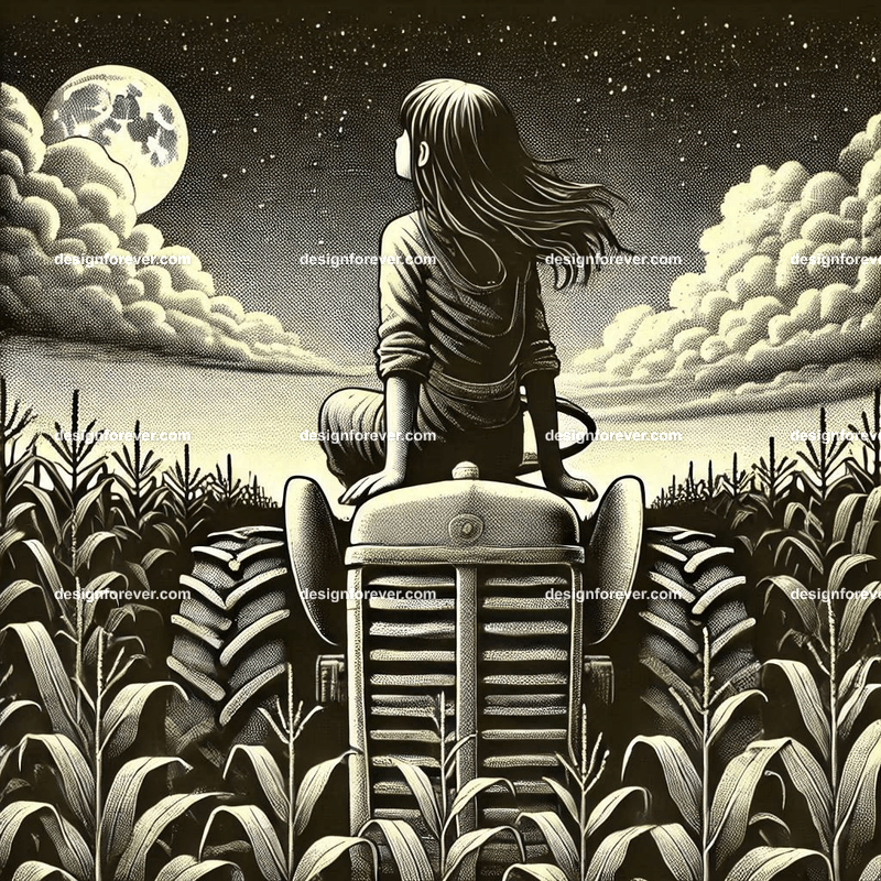 girl lying in corn field on top of tractor staring at sky at night