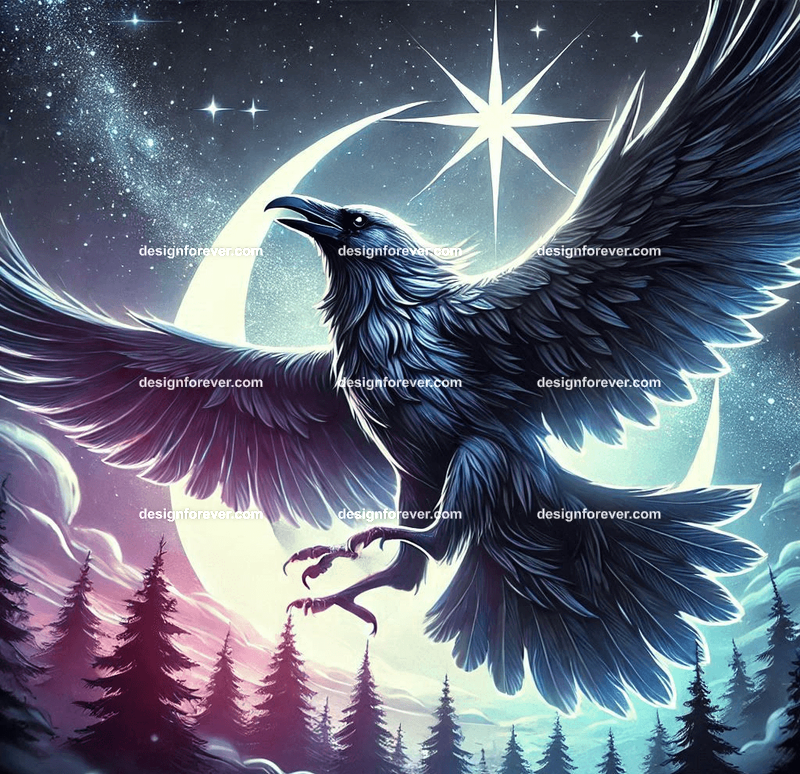 A raven with a star glowing in its beak, flying through a twilight sky over a mystical forest