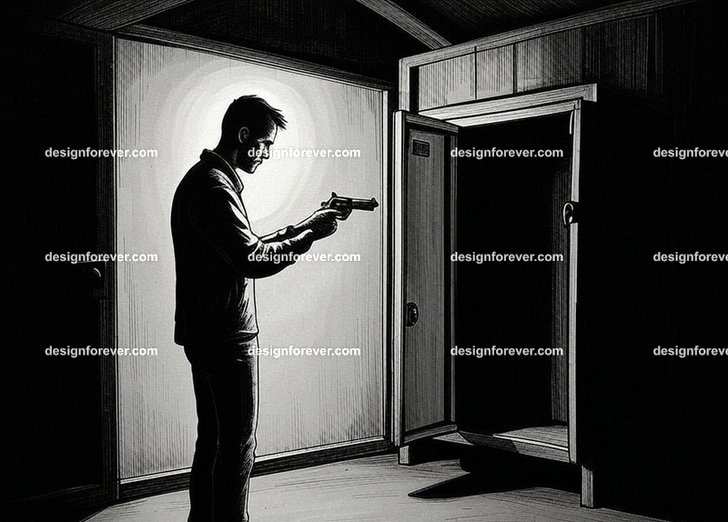 man finds a gun in safe inside his neighbor's shed with harsh light by overhead bulb in complete darkness