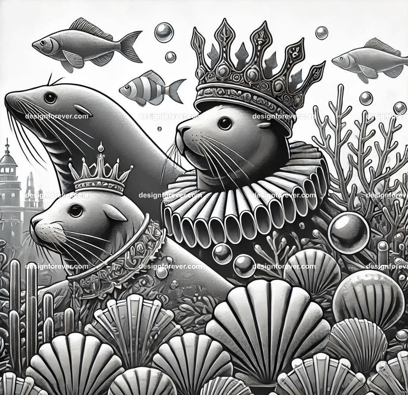 Ocean creatures like fish or seals depicted as underwater nobility with coral crowns and shell armor