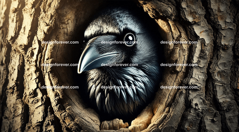 Raven living in tree hole