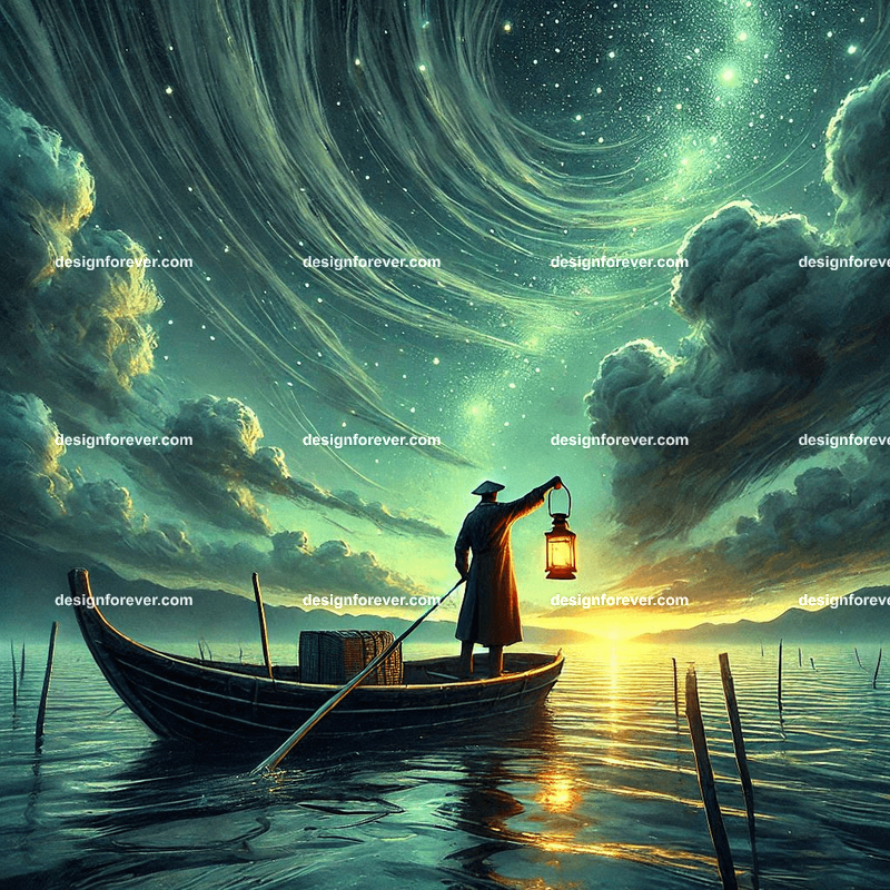 Long fisherman with lantern on boat